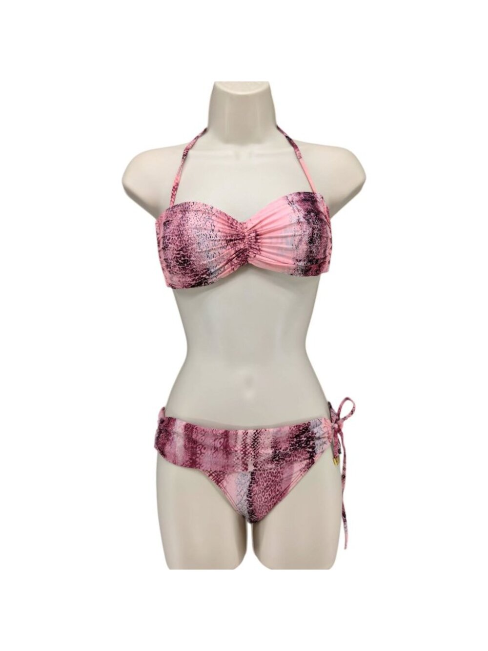 Despi 2 Piece Bikini Swimsuit Womens Pink Snake Bandeau Convertible Top Sz S/M